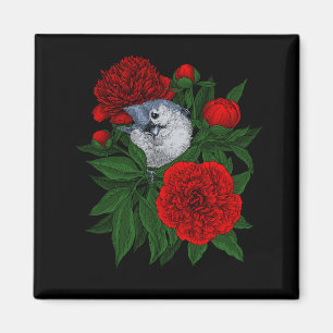 Bird on a red peony bouquet magnet