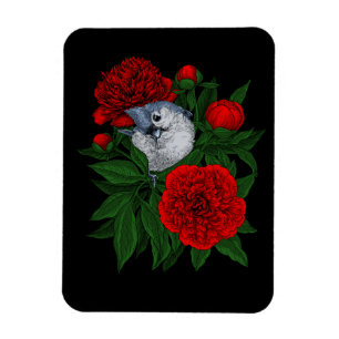 Bird on a red peony bouquet magnet