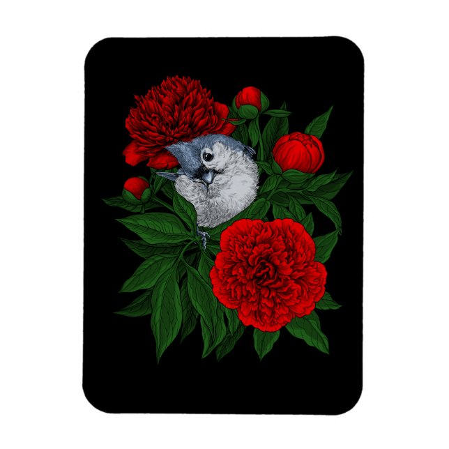 Bird on a red peony bouquet magnet (Vertical)
