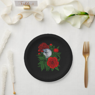 Bird on a red peony bouquet paper plate