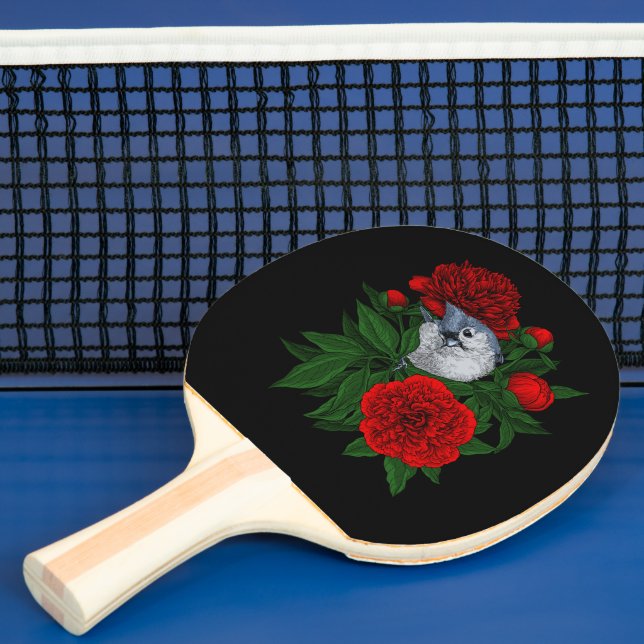 Bird on a red peony bouquet ping pong paddle (Insitu)