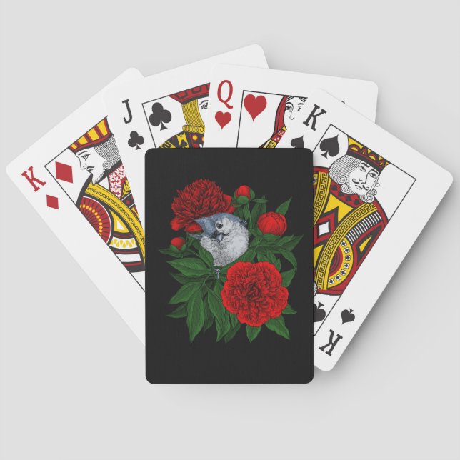 Bird on a red peony bouquet playing cards (Back)