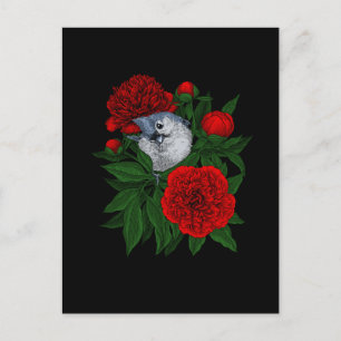 Bird on a red peony bouquet postcard
