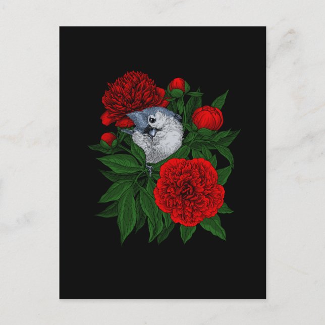 Bird on a red peony bouquet postcard (Front)
