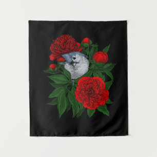 Bird on a red peony bouquet tapestry