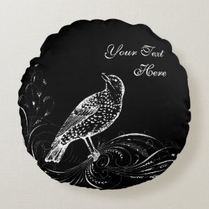 Bird on a Scroll (Black/White) Round Cushion
