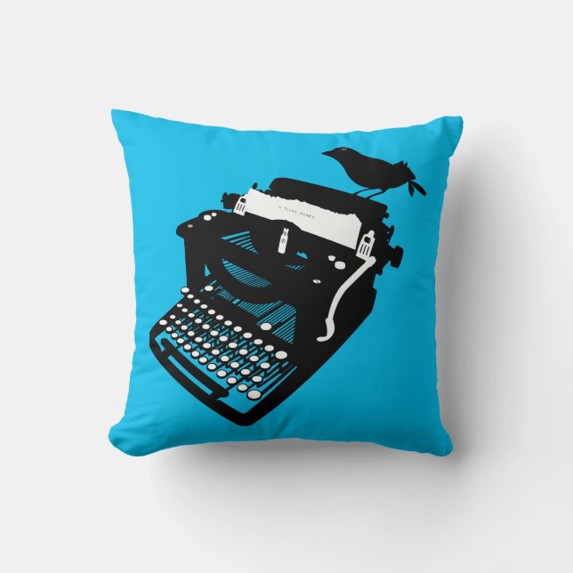 Bird on a Typewriter Pillow (blue background) (Front)