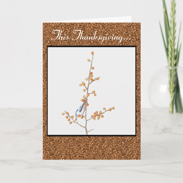 Bird on Berry a Branch Thanksgiving Card (Front)