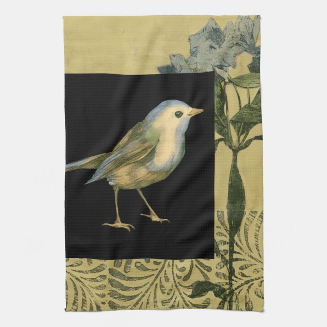 Bird on Black and Vintage Background Tea Towel (Vertical)