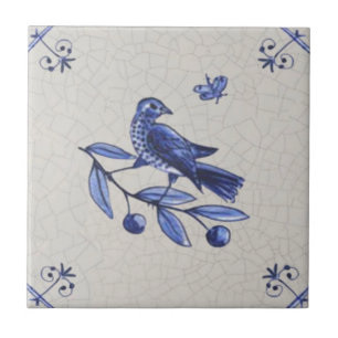 Bird on Branch w/ Butterfly Early Blue Delft Repro Ceramic Tile