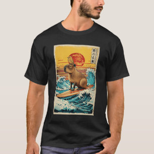 Bird On Capybara Surfing Great Wave Anime Kawaii J T-Shirt