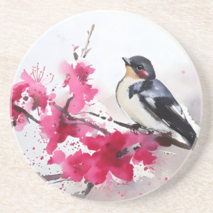 Bird on cherry branch in flowers, painting coaster