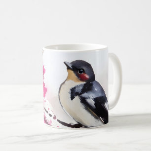 Bird on cherry branch in flowers, painting coffee mug