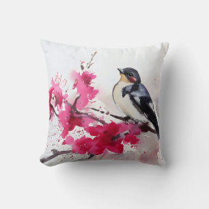 Bird on cherry branch in flowers, painting cushion