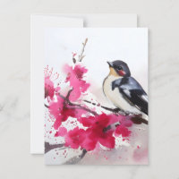 Bird on cherry branch in flowers, painting