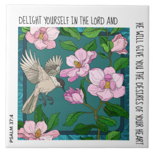 Bird on Floral: verse from Psalm 37:4 Ceramic Tile