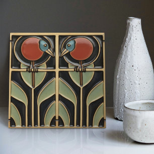 Bird on Flowers Art Deco Nouveau Wall Decor Ceramic Tile