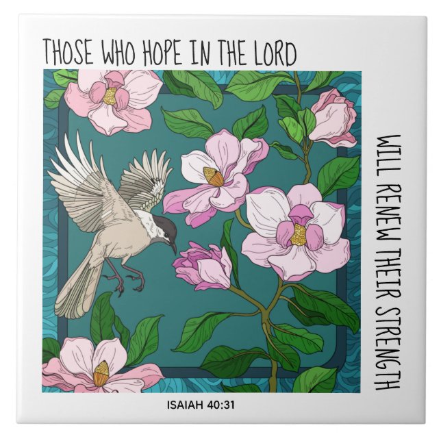 Bird on Flowers, w verse from Isaiah 40:31 Ceramic Tile (Front)