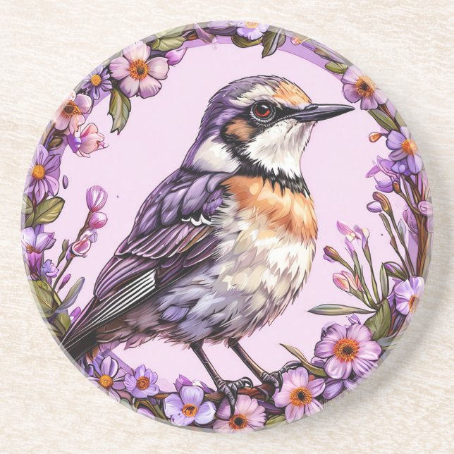 🐦 Bird on Lilac Floral Background 🐦 Coaster (Front)