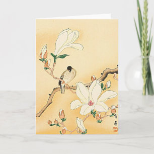 Bird on Magnolia Tree Japanese Woodblock Print Card