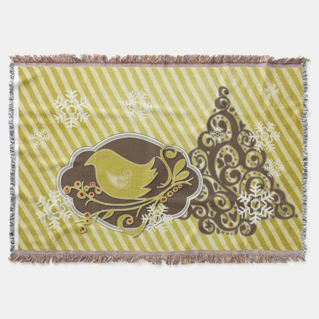 Bird on Olive Stripe Holiday Throw (Front)