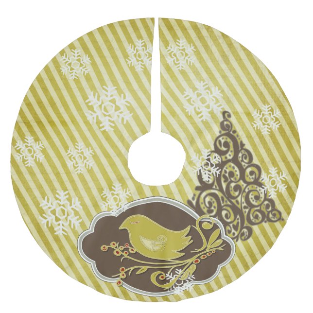 Bird on Olive Stripe Holiday Tree Skirt (Front)