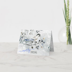 Bird On Snowy Branch With Berries Merry Christmas Holiday Card