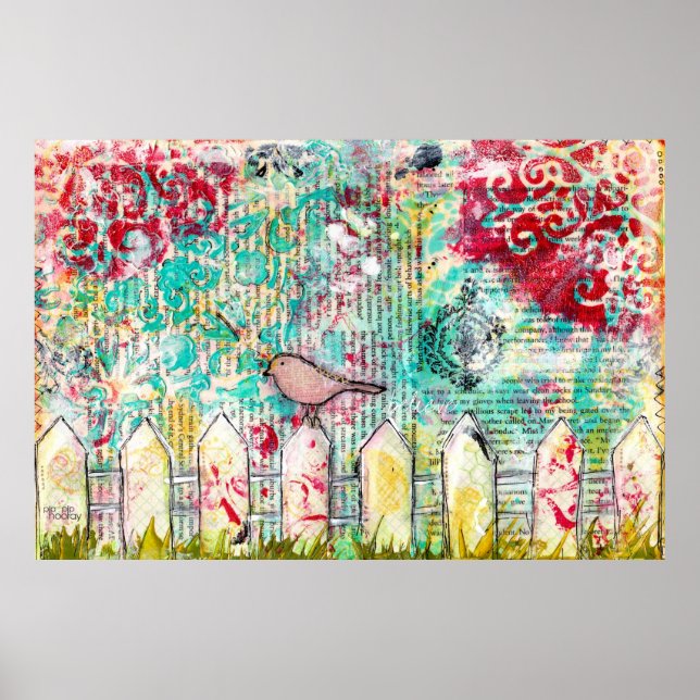 Bird on White Picket Fence Mixed Media Print (Front)