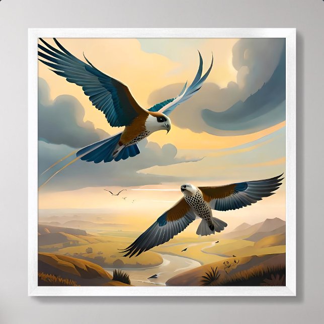 bird painting couple flying sky cloud afternoon poster (bird painting couple flying sky cloud afternoon)