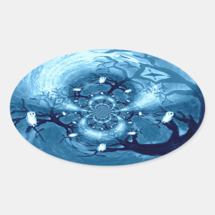 Bird Pattern Blue Tree Owls Oval Sticker