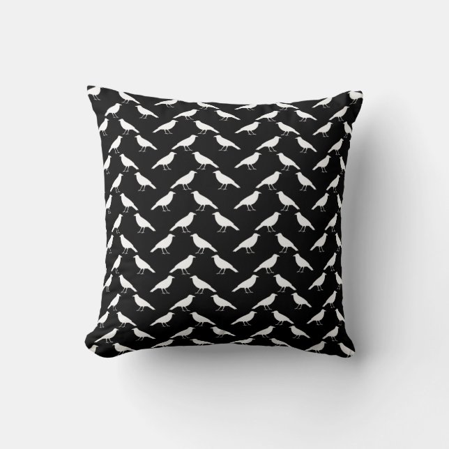 Bird Pattern. Crows in Black and White. Cushion (Front)