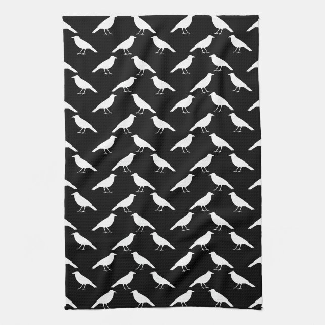 Bird Pattern. Crows in Black and White. Tea Towel (Vertical)