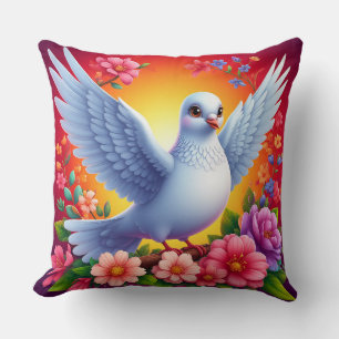 Bird Perched Amongst Colorful Flowers Cushion