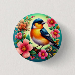 Bird Perched Amongst Colourful Flowers 3 Cm Round Badge
