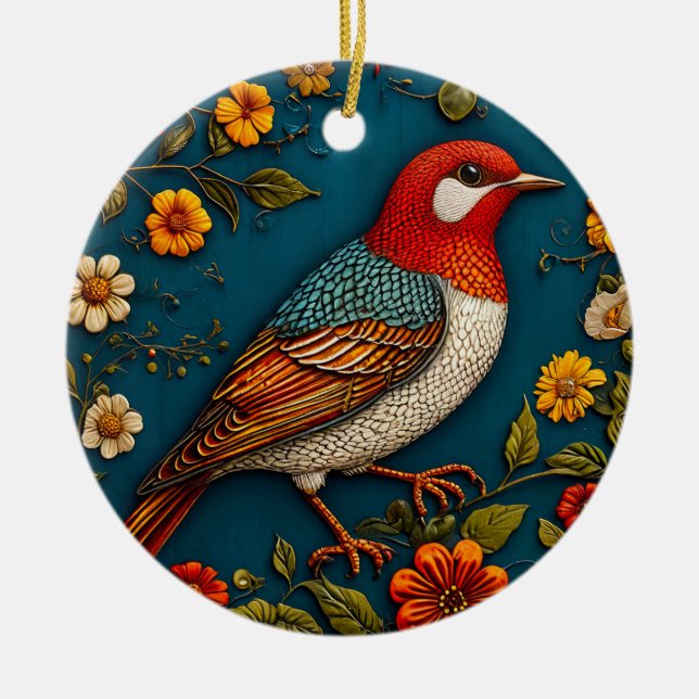 Bird Perched Amongst Colourful Flowers Ceramic Ornament (Front)