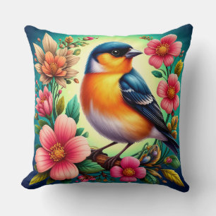 Bird Perched Amongst Colourful Flowers Cushion