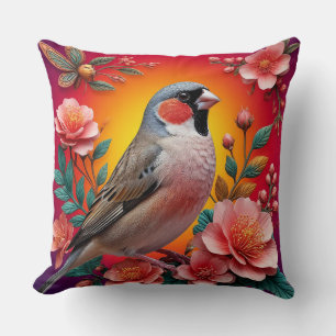 Bird Perched Amongst Colourful Flowers Cushion