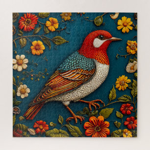 Bird Perched Amongst Colourful Flowers Jigsaw Puzzle
