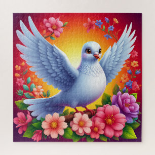 Bird Perched Amongst Colourful Flowers Jigsaw Puzzle