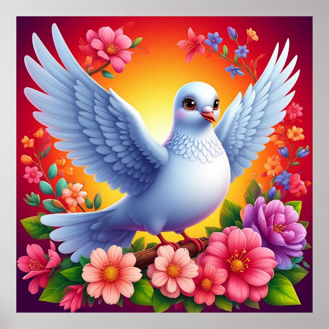 Bird Perched Amongst Colourful Flowers Poster (Front)