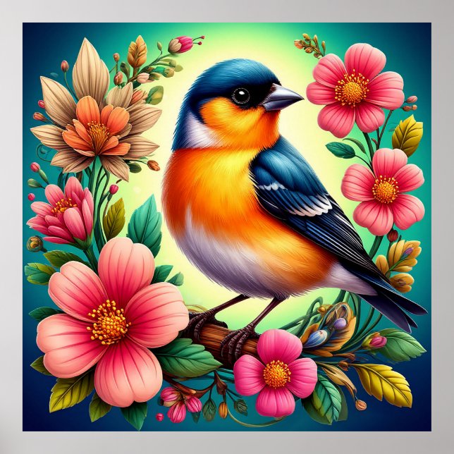 Bird Perched Amongst Colourful Flowers Poster (Front)