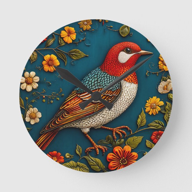 Bird Perched Amongst Colourful Flowers Round Clock (Front)