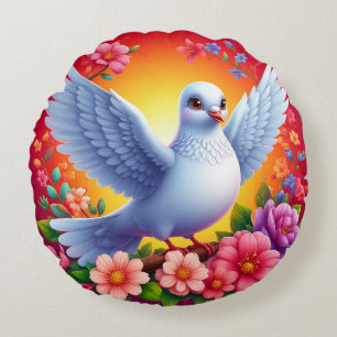 Bird Perched Amongst Colourful Flowers Round Cushion