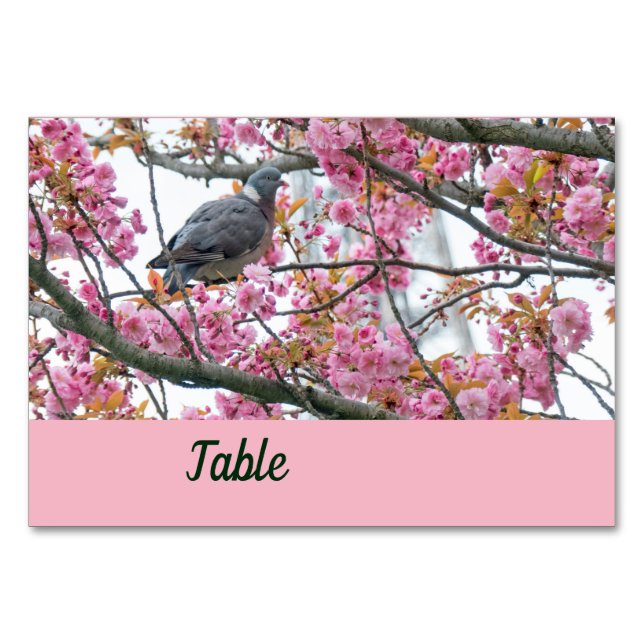 Bird perched on a blossoming Sakura table card (Front)