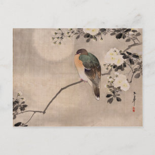 Bird perched on a branch of a blossoming tree postcard