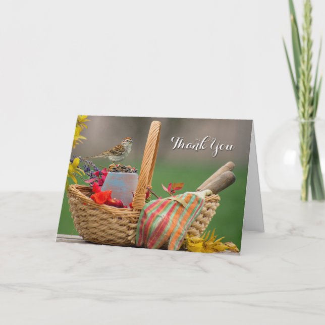 Bird Perched On A Garden Basket Thank You Card (Front)