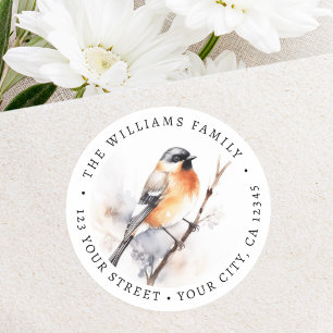 Bird perched on branch watercolor return address classic round sticker