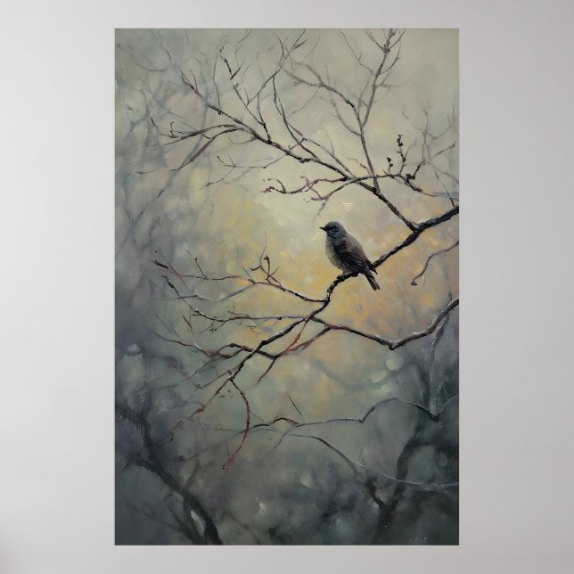 Bird Perched On Tree Dark Academia, Bird Wall Art (Front)