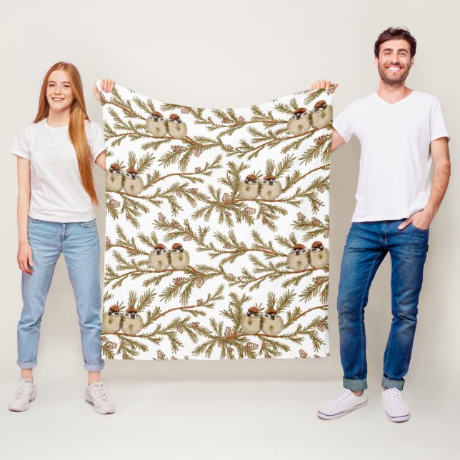  Bird Pine Watercolor Winter  Fleece Blanket (In Situ)