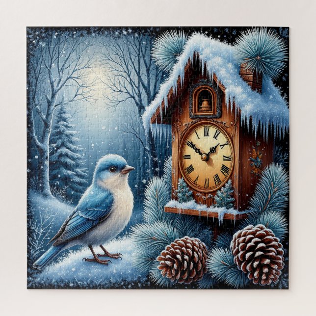Bird, Pinecones, and Wooden Clock Jigsaw Puzzle (Vertical)